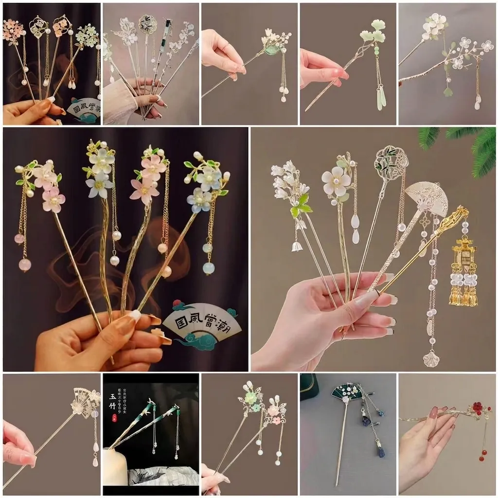 Chinese Style Hair Stick Metal Alloy Artificial Pearl Flower Long Tassel Chignon Hairpin Ancient Style Hanfu Accessory For Women
