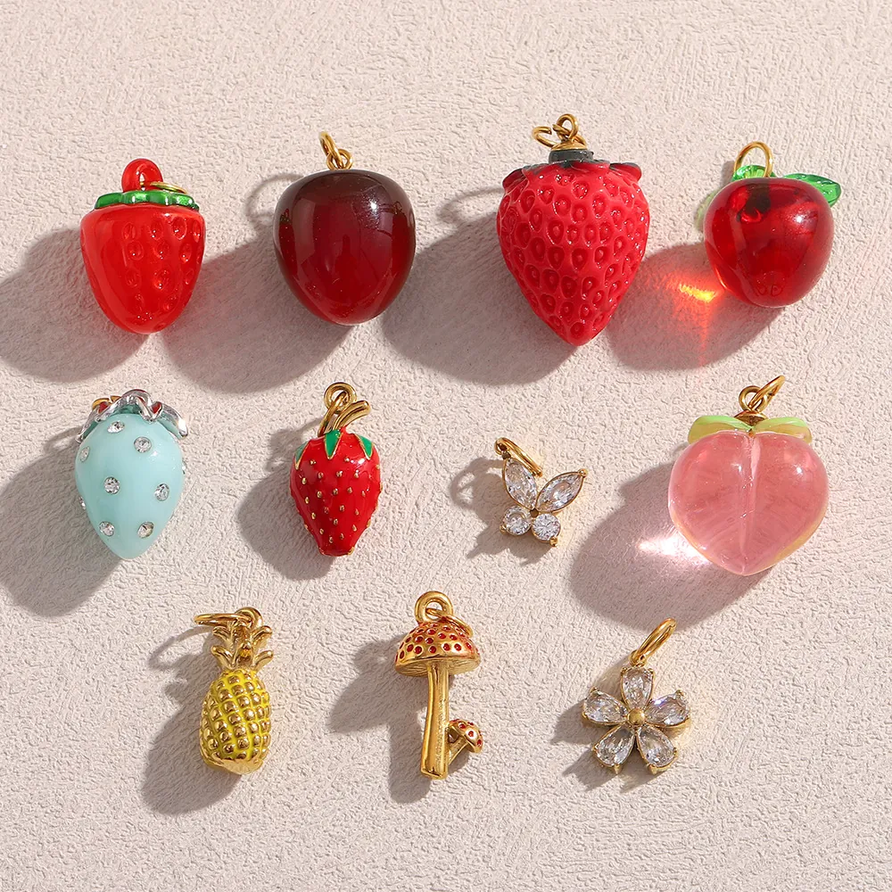 Pendentifs Fruits Champignons Papillons Fleurs Acier Inoxydable Plaqué Or 18K Émail Résine Zircon DIY Bijoux Charms