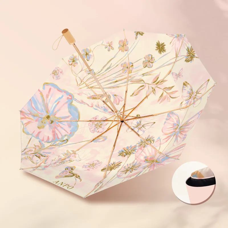 Butterfly Flower Print Folding Umbrella UV Protection Sun Rain Wood Handle Double Layer Alloy Ribs