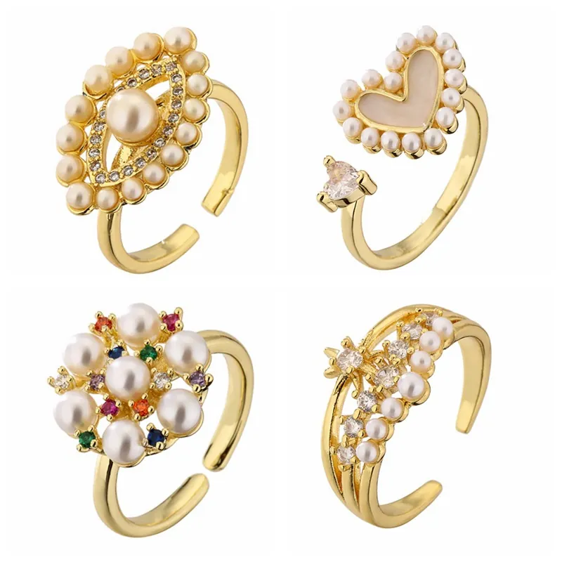 Mode Verstellbare Ringe Für Damen Kupfer Zirkon Künstliche Perle Herz Böser Blick Stern Eleganter Schmuck