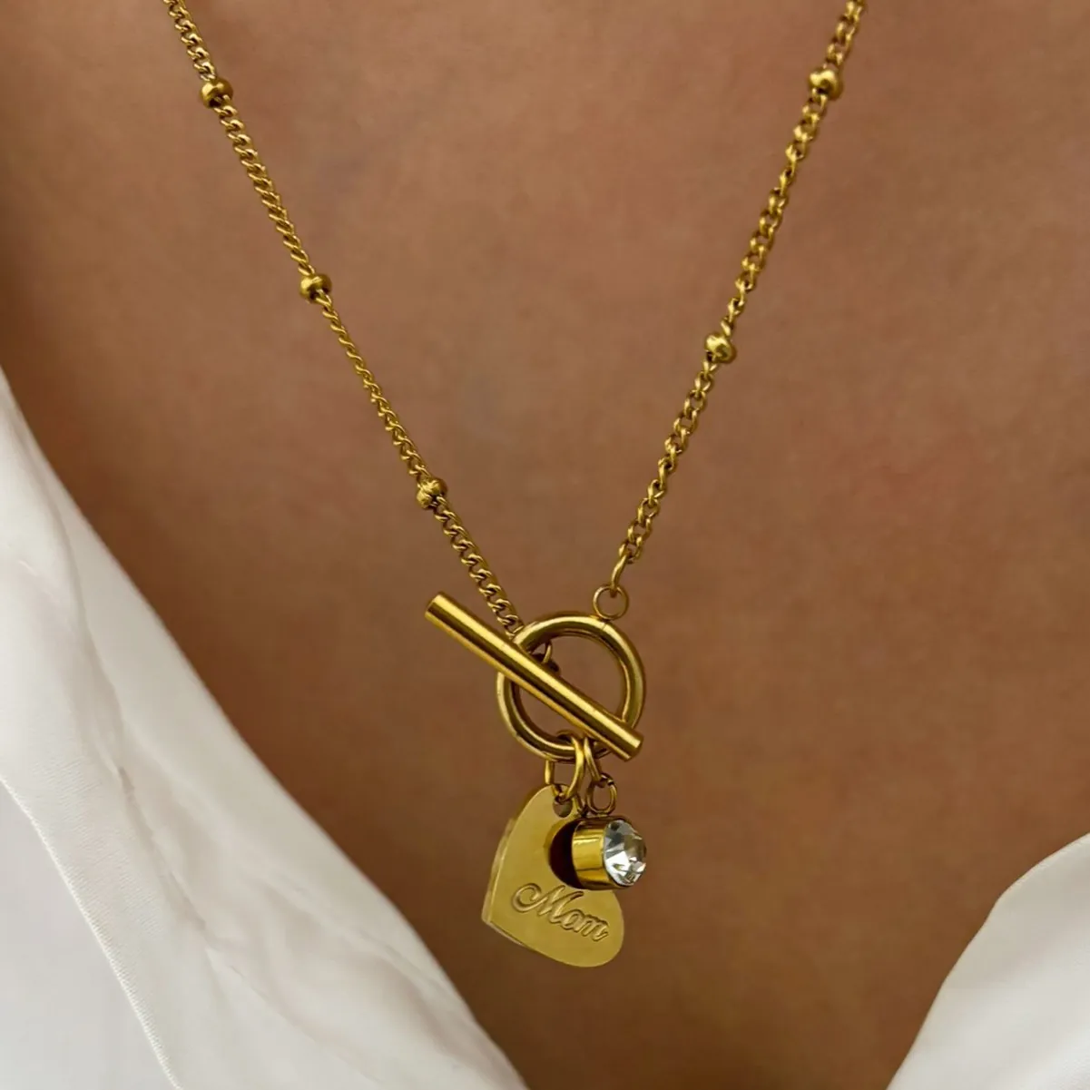 Stainless Steel Heart Round Disc Pendant Necklace Engraved Mom Love My Kids Rhinestone Toggle Clasp Gold Jewelry For Women