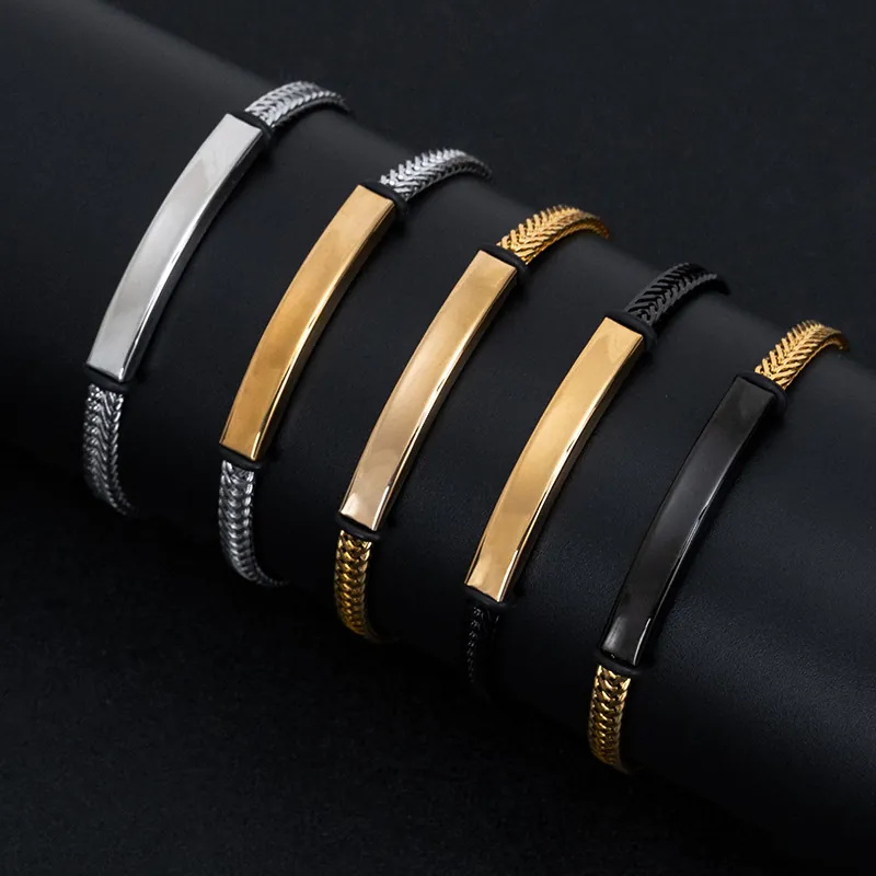 Hip Hop Punk Geflochtenes Kettenarmband Titan Edelstahl Poliertes Rechteckiges Plattenarmreif Für Unisex Männer Frauen