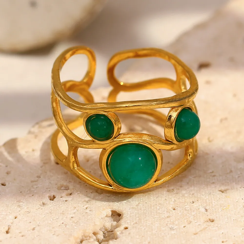 Adjustable Open Ring Hollow Geometric Green Stone Gold Plated Stainless Steel Artistic Retro Fashion Jewelry For Women