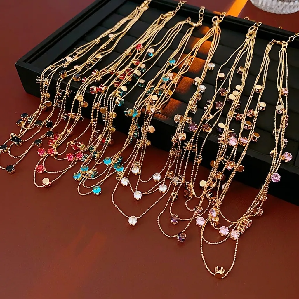 Collier Multirang En Cuivre Avec Pierres De Zircon Rondes Élégant Mode De Luxe Chaîne De Clavicule Pour Femmes