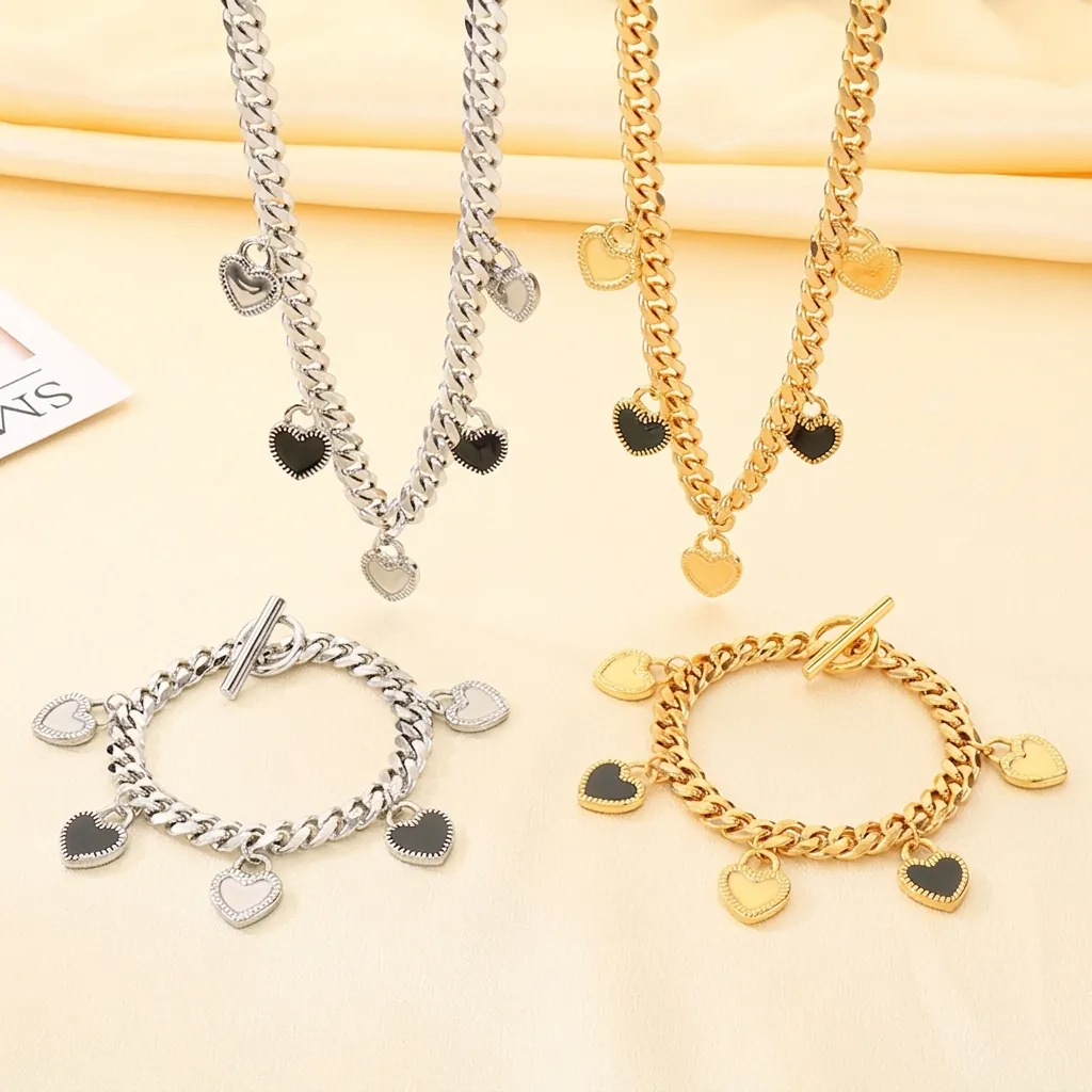 Collier Et Bracelet En Acier Inoxydable Avec Pendentif En Cœur Chaîne Cubaine Émail Plaqué Or 18K Mode