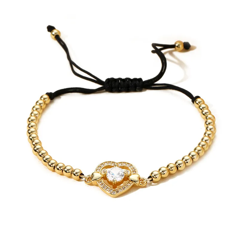 Bracelet Perlé Réglable Cuivre Micro Pavé Zircon Pendentif Cœur Corde Tressée Perles Couleur Or Pour Femmes