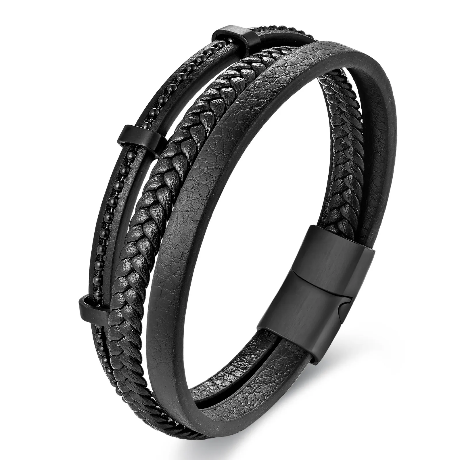Men Multilayer Bracelet Black Braided Leather Smooth Cowhide With 316L Stainless Steel Beads And Magnetic Clasp