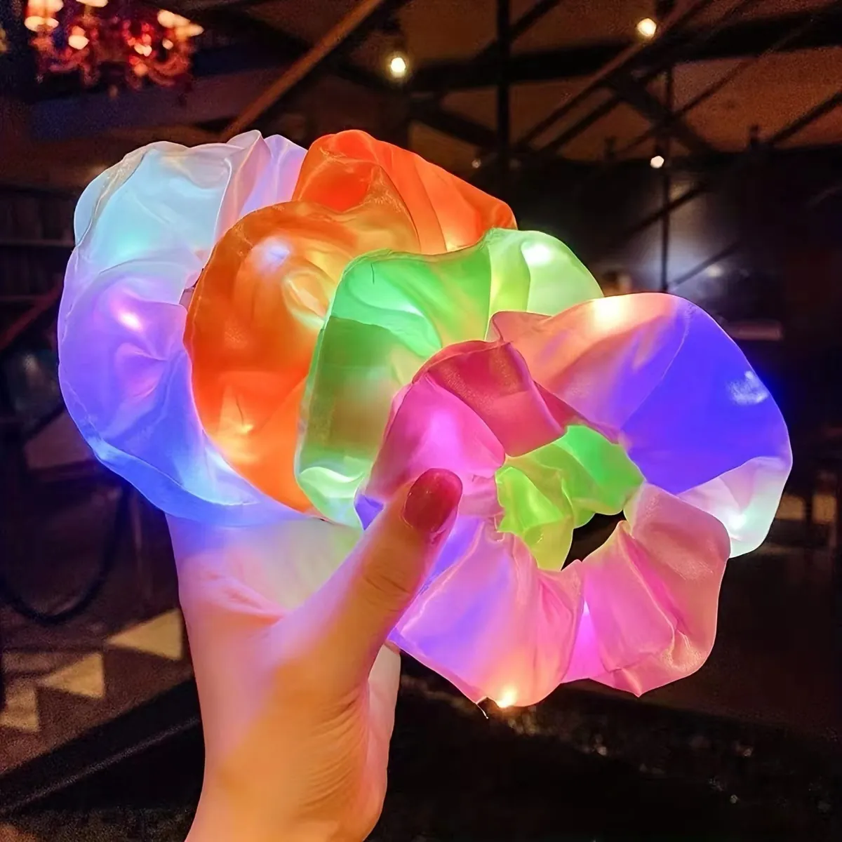 LED Glowing Scrunchie Satin Fabric Light Up Elastic Hair Tie For Nightclub Party Rave Festival Hair Accessories