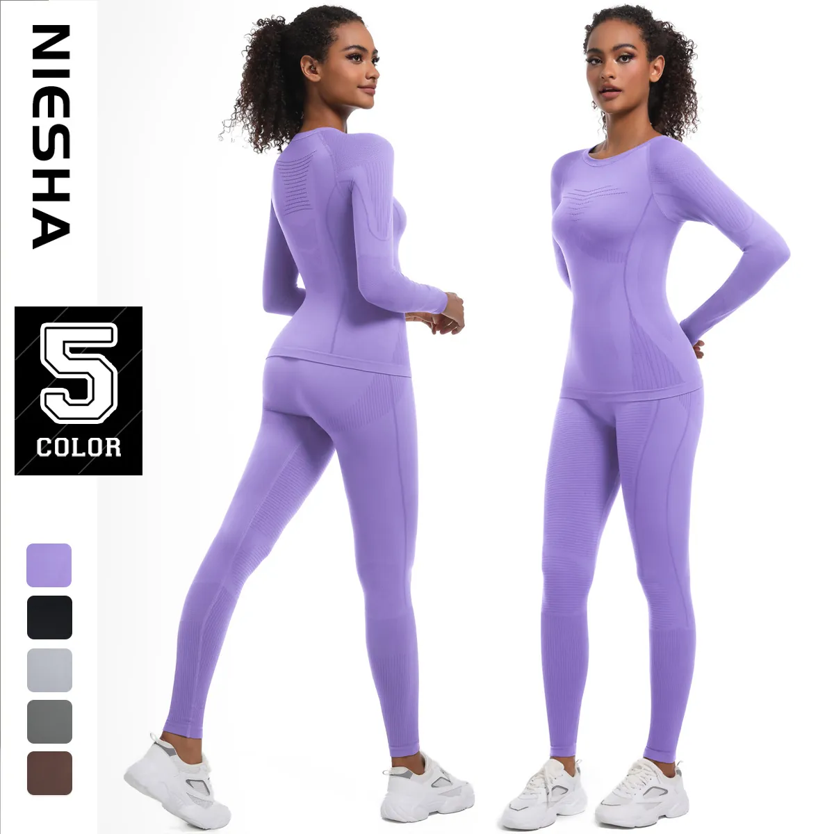 Women Seamless Knitted Yoga Set Long Sleeve Top High Waist Leggings Moisture Wicking Sports Fitness Workout Suit