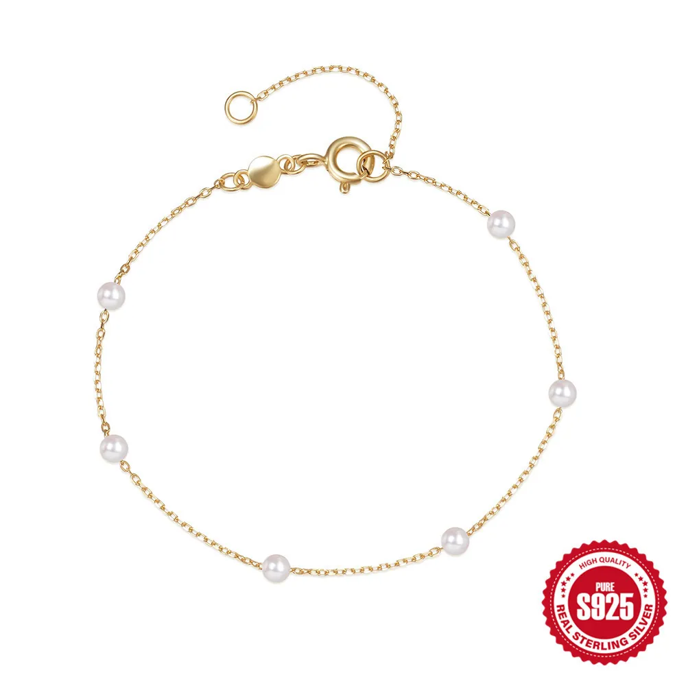 Pulsera De Perlas Artificiales Minimalista Plata De Ley S925 Cadena Fina Para Mujer Joyería Elegante Ajustable