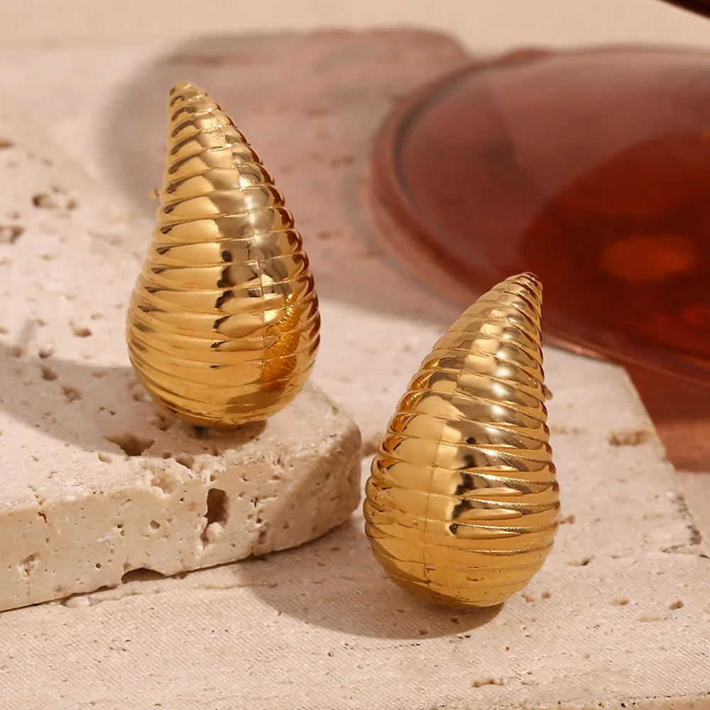 Minimalist Stainless Steel Waterdrop Stud Earrings For Women 18K Gold Plated Hollow Textured Spiral Hoops Fashion Jewelry