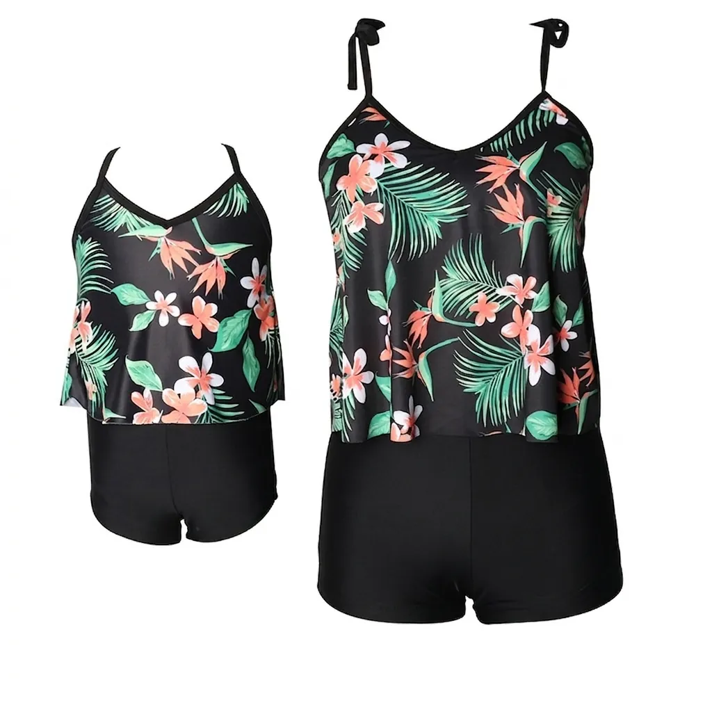 Matching Mother Daughter Swimwear Tropical Palm Leaf Print Ruffled Tankini Top And Bottom Swimsuit For Women Girl Vacation