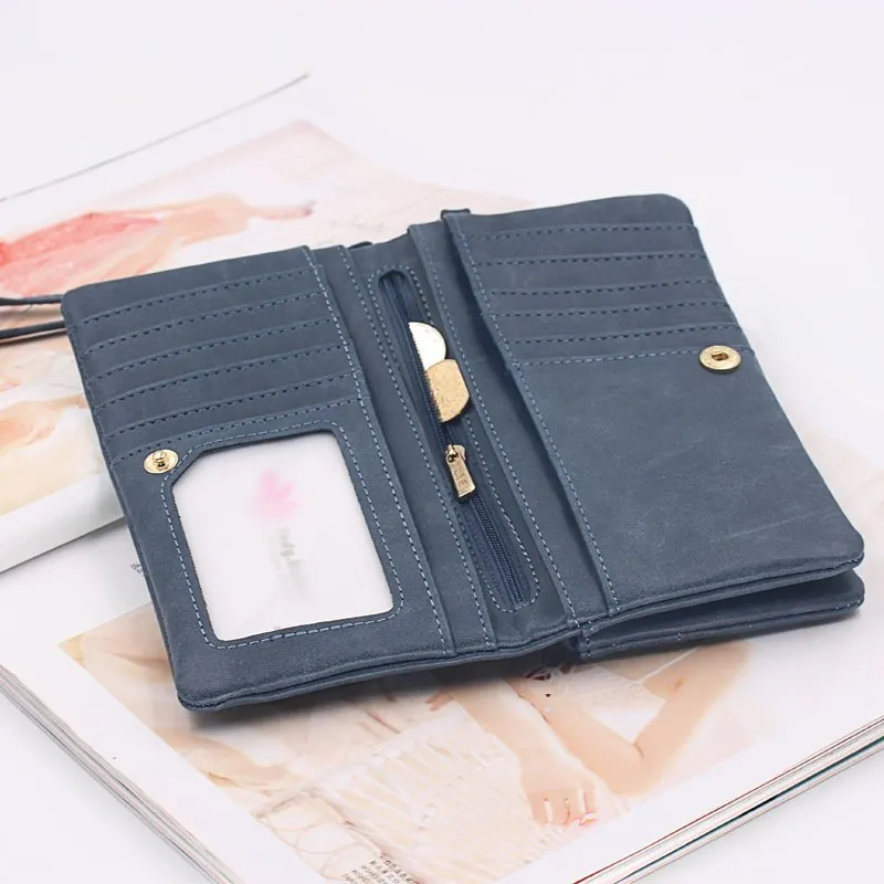 Women Retro Long Wallet Frosted PU Leather Multi-Functional Clutch Card Holder Large Capacity Wristlet Bag