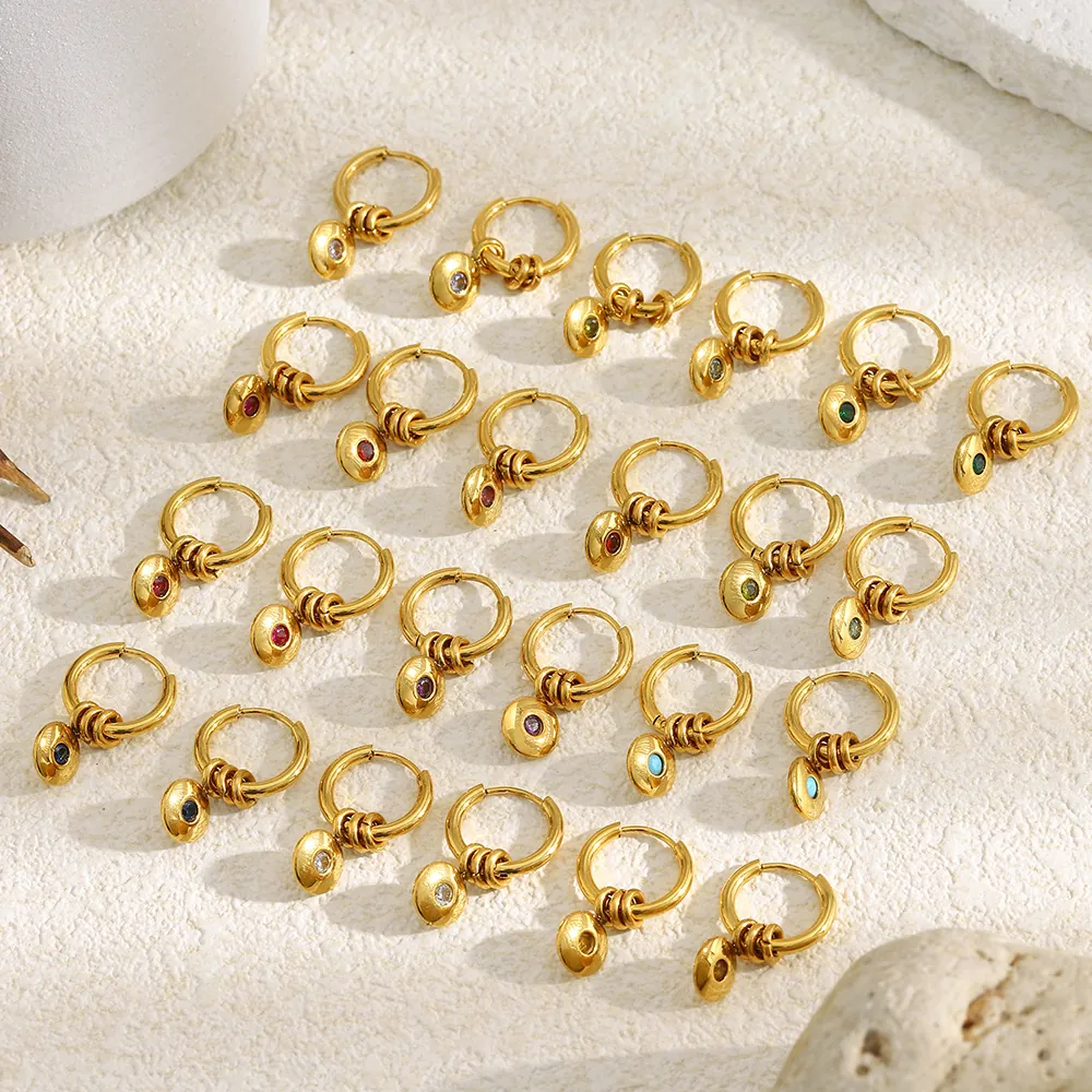 Boucles D'oreilles Créoles En Acier Inoxydable Plaqué Or 18 Carats Avec Pendentifs Pierre De Naissance Ronde Zircone Femmes
