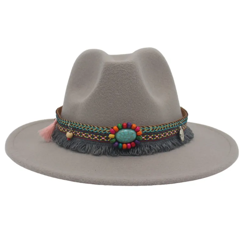 Ethno Western Cowboy Fedora Hut Für Damen Herren Bohemian Wollfilzhut Mit Türkis Quaste Perle Dekor Outdoor Sonnenhut