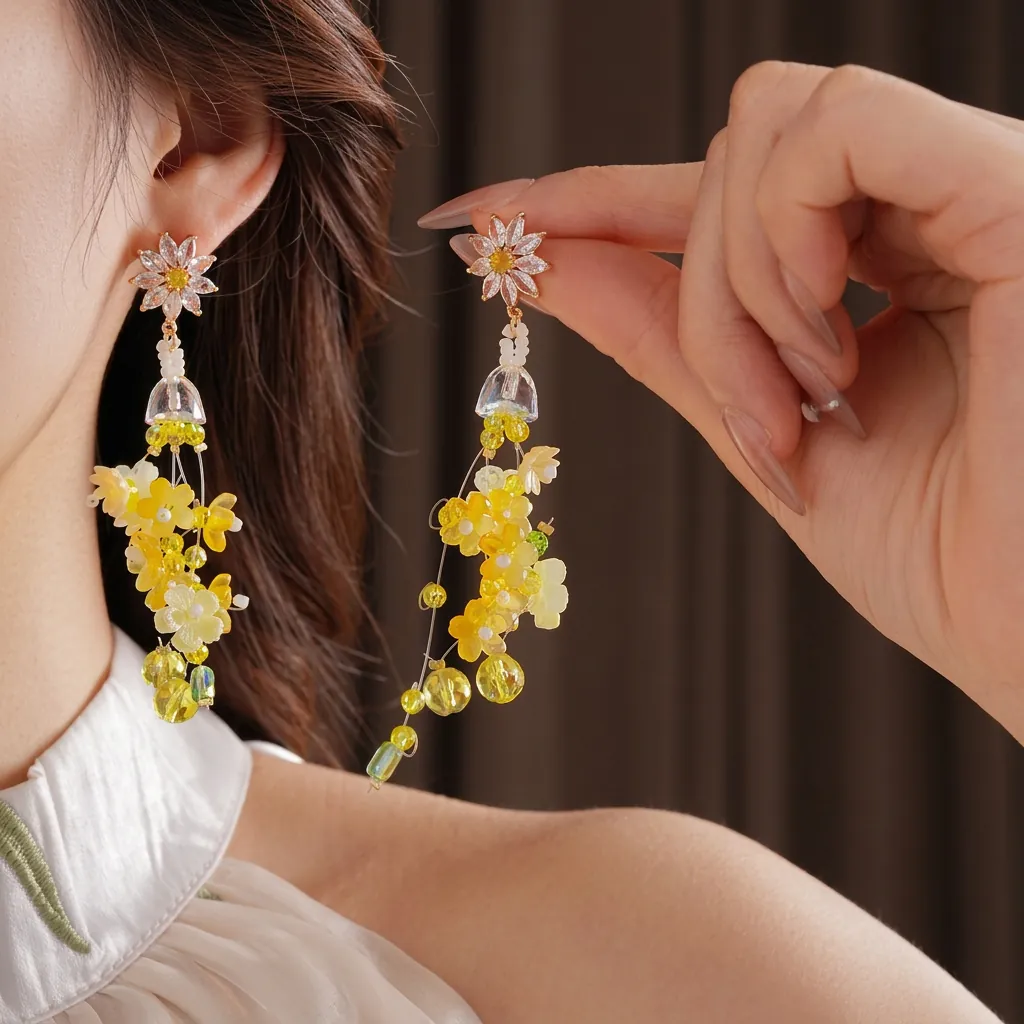 Boucles D'oreilles Gland Fleur Avec Tige En Argent Zircone Cristal Résine Longues Chic Bijoux Vacances Plage