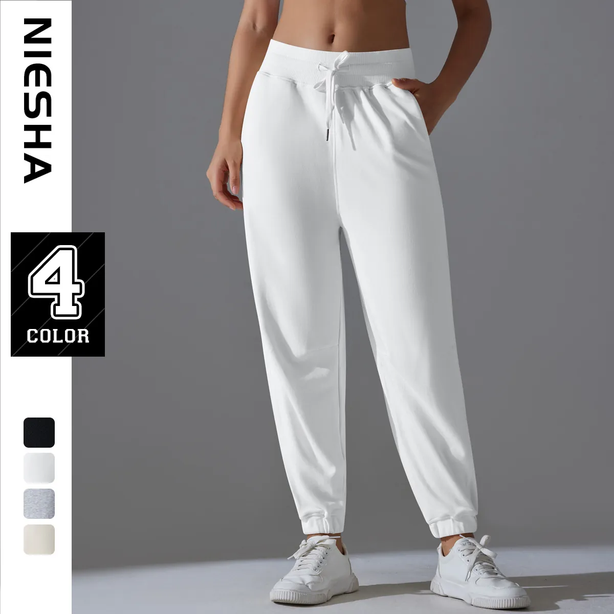 Jogging Femme Taille Haute Pantalon De Sport Mélange De Coton Avec Cordon Et Poches Pour Course Fitness