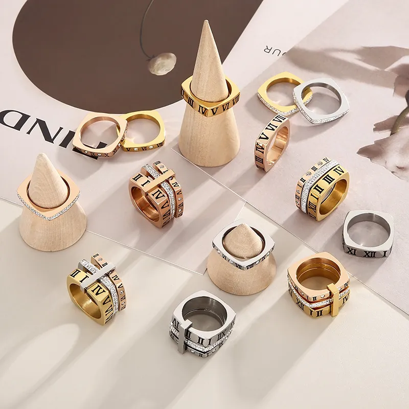 Anello In Acciaio Inossidabile Da Donna Numeri Romani Quadrato Geometrico Strati Multipli Zircone Placcato Oro Gioielli