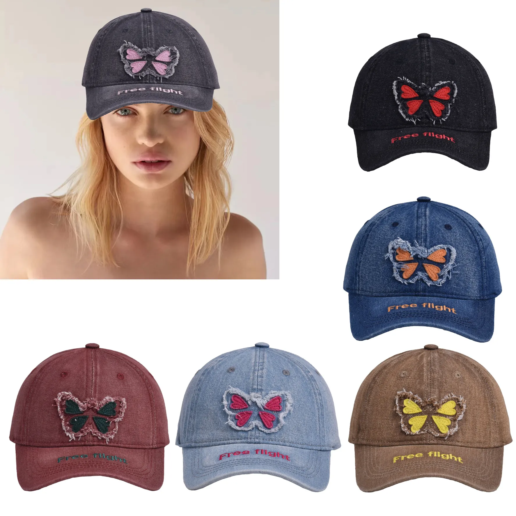 Butterfly Patch Baseball Cap Washed Denim Distressed Retro Style Adjustable Casual Sun Hat For Men Women
