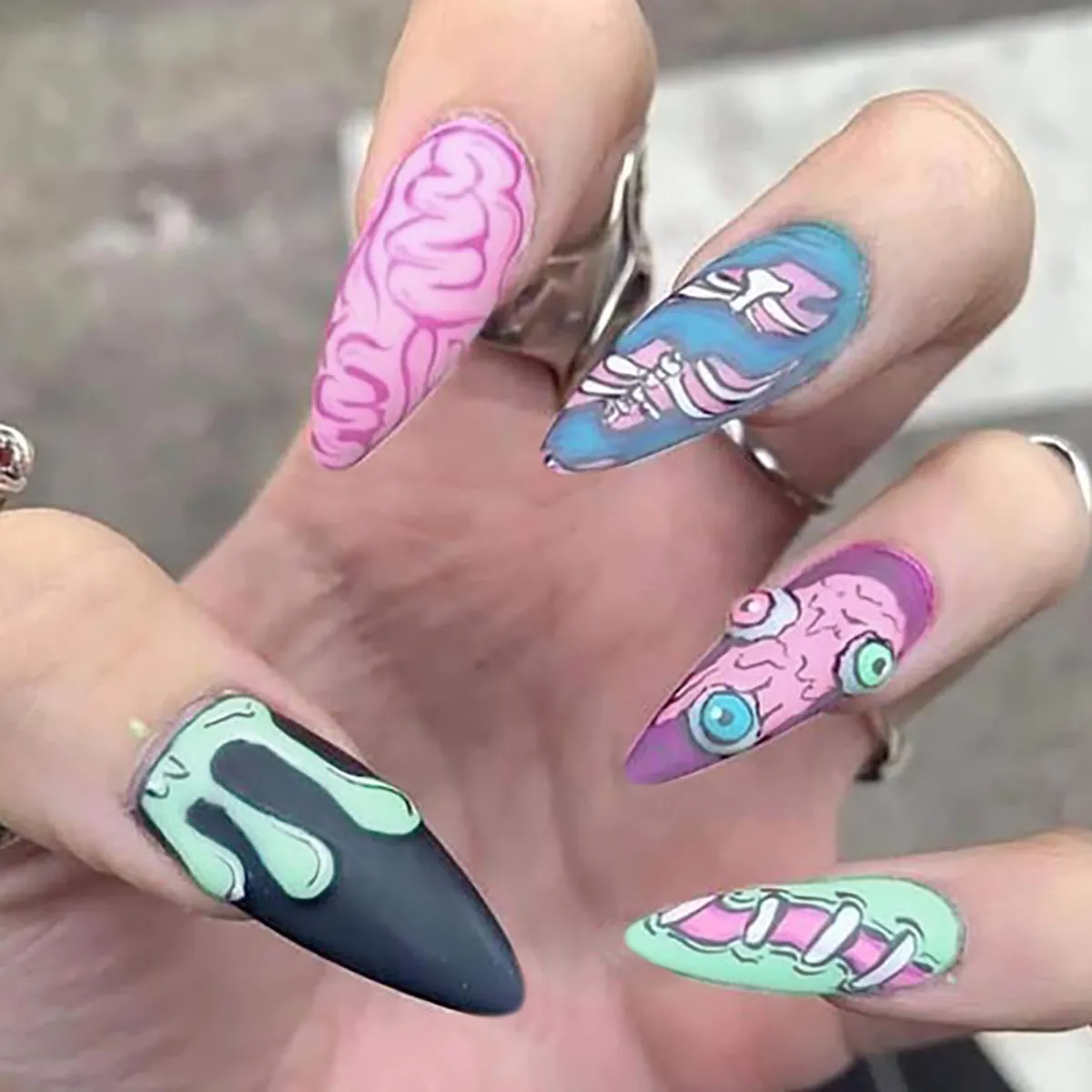 Stiletto Press On Nails Halloween Horror Graffiti Eye Brain Ribs Pattern Gothic Dark Punk False Nails For Women Girls
