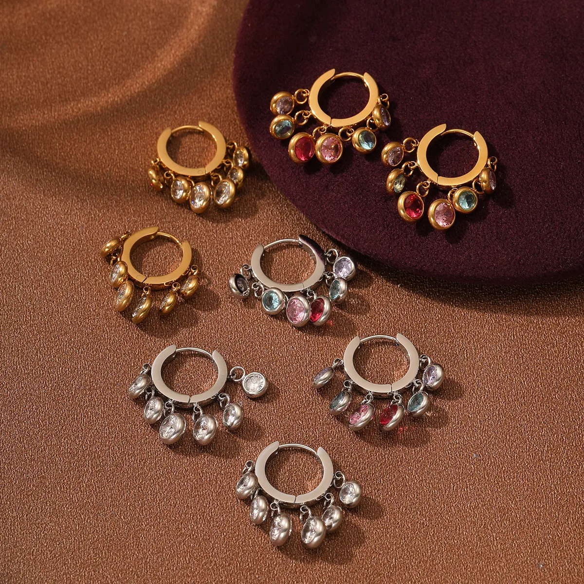 Fashion 18K Gold Plated Stainless Steel Round Hoop Earrings With Colorful Rhinestone Charms For Women Jewelry Gift