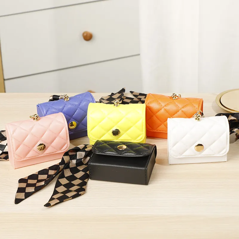 Mini Quilted Faux Leather Coin Purse With Checkerboard Satin Scarf Keychain Hook Earphone Case Lipstick Storage Bag