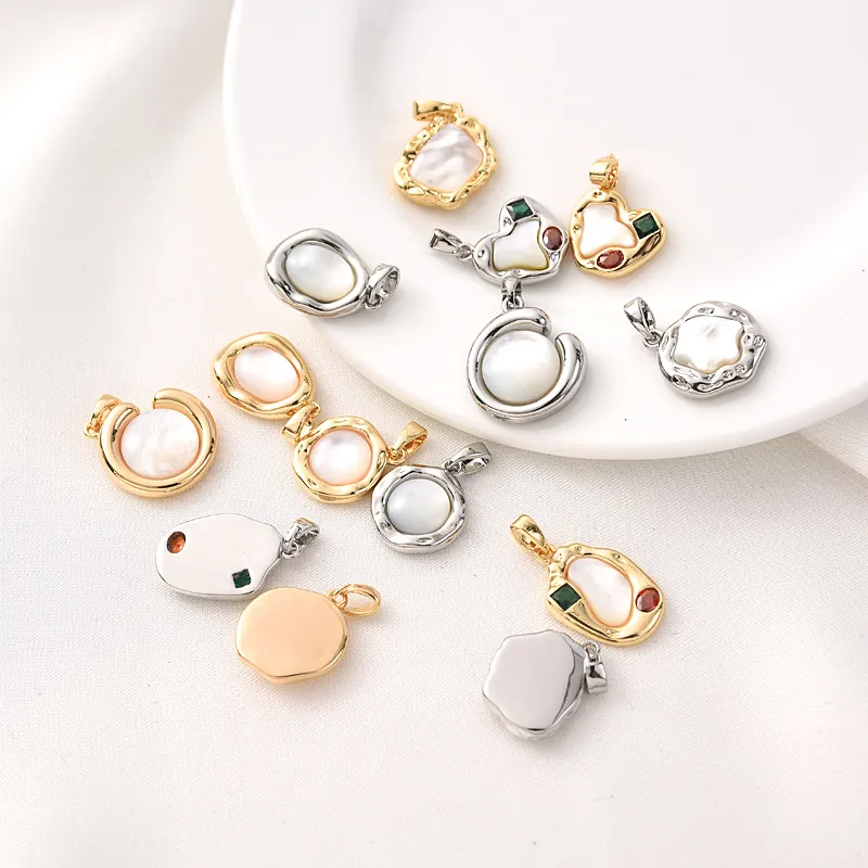 18K Gold Plated Brass Charms Mother Of Artificial Pearl Cubic Zirconia Heart Round Geometric Pendants For DIY Jewelry Making