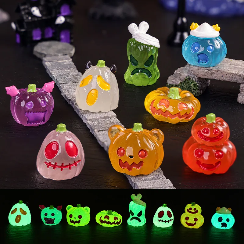Halloween Mini Pumpkin Figurines Glow In The Dark Luminous Micro Landscape Fairy Garden Resin Decor Ornaments Ghost Monster