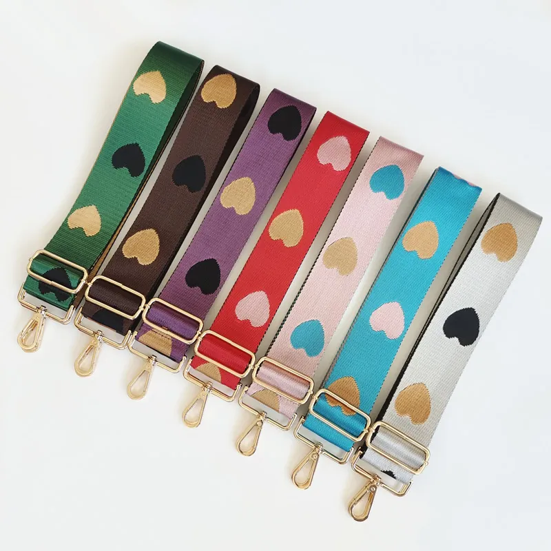 Wide Bag Strap Adjustable Shoulder Crossbody Thickened Nylon Webbing Heart Jacquard Golden Metal Hooks Women Accessory