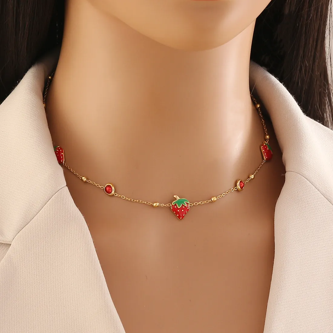 Collana Con Ciondolo A Fragola Carina Bracciale Acciaio Inossidabile Placcato Oro Smalto Perla Rossa Gioielli Per Donne Ragazze