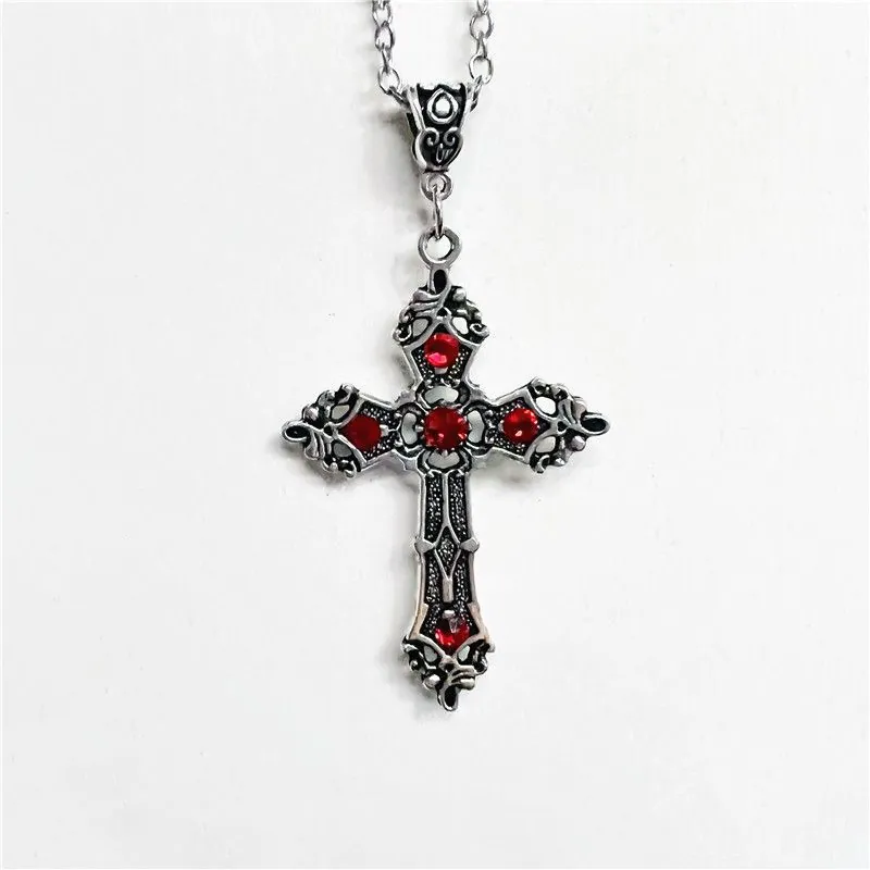 Gothic Cross Pendant Necklace Vintage Retro Zinc Alloy With Gemstones Fashion Jewelry For Men Women