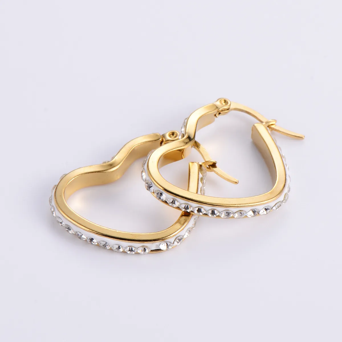 Stainless Steel Heart Hoop Earrings Gold Plated Rhinestone Inlaid Sparkly Fashion Jewelry For Women