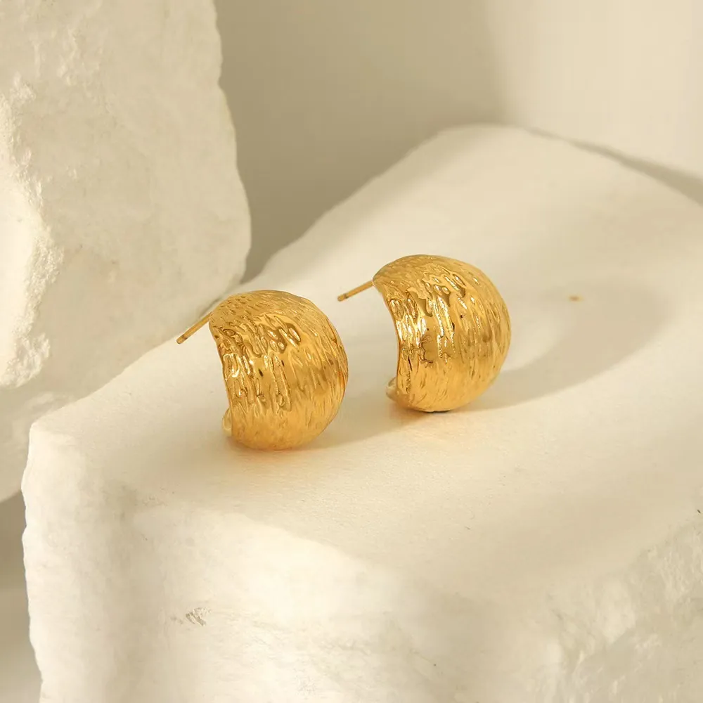 French Vintage Wrinkle Texture C Shaped Hoop Earrings For Women Stainless Steel With Silver Earring Post 18K Gold Plated