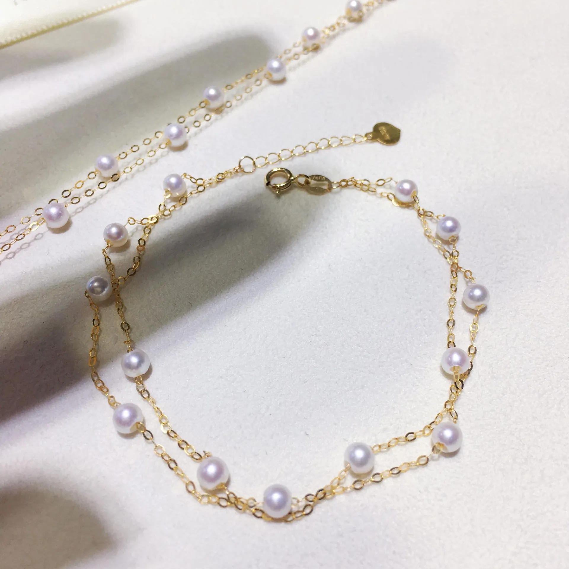 Double Layer Freshwater Pearl Bracelet 18K Gold Fine Chain Starry Round Pearl Heart Pendant Adjustable Jewelry For Women