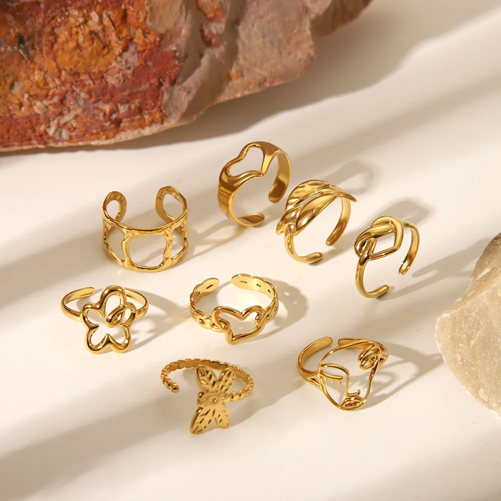 Bagues Ouvertes Réglables En Acier Inoxydable Plaqué Or Cœur Papillon Visage Abstrait Étanche Bijoux Hypoallergéniques