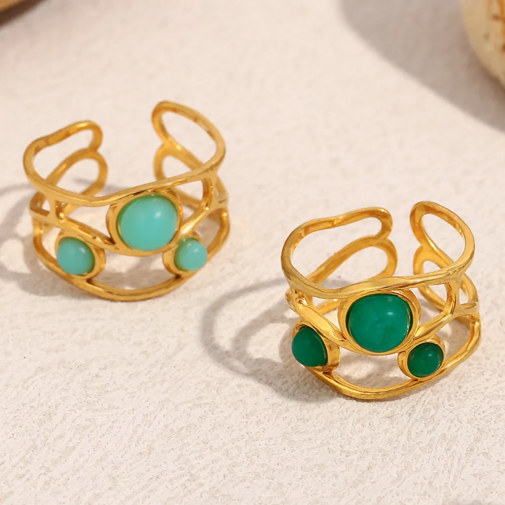 French Vintage Open Ring 18K Gold Plated Stainless Steel Green Gemstone Hollow Adjustable Jewelry For Women