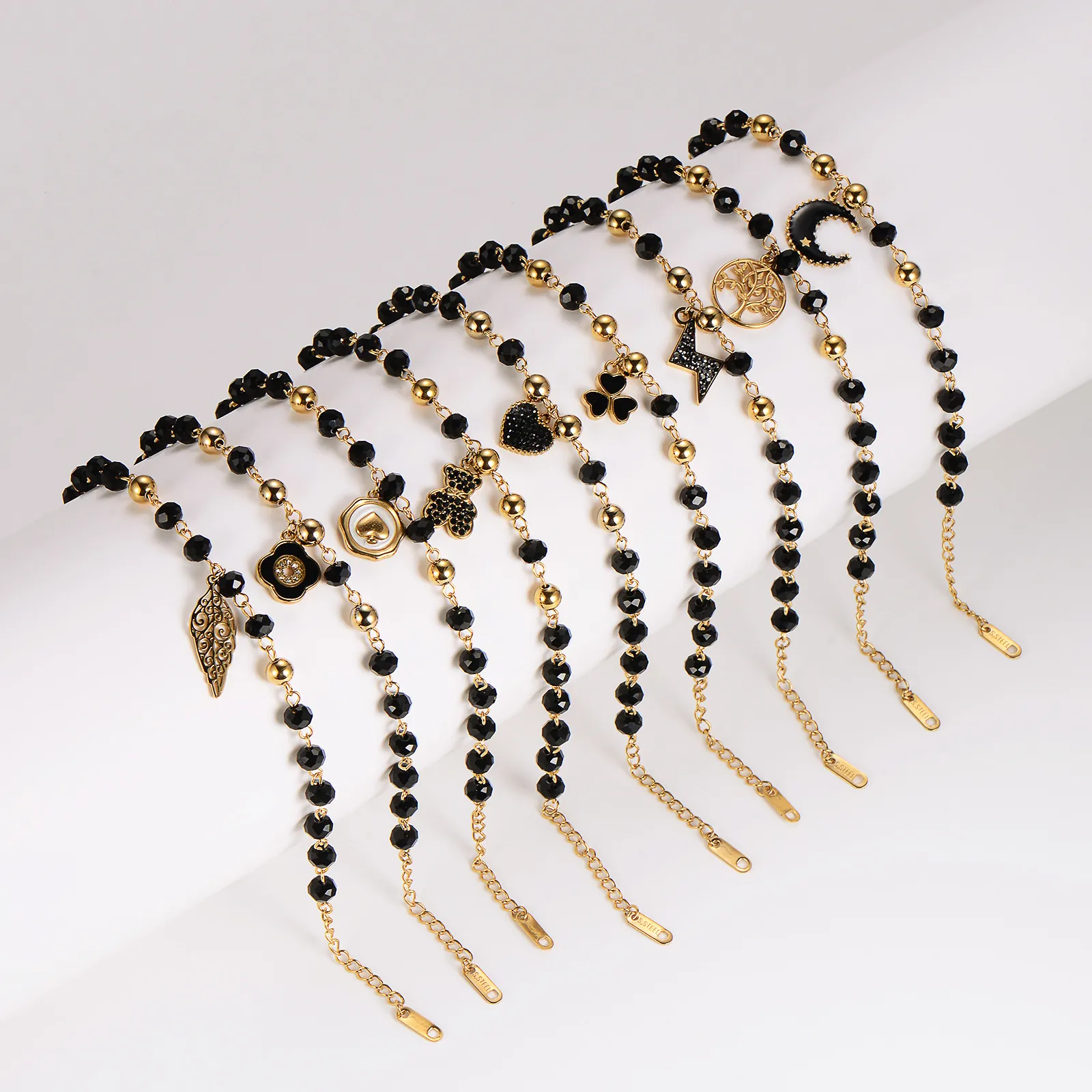 Fashion 304 Stainless Steel Gold Plated Bracelet For Women Black Beads Heart Moon Lightning Tree Of Life Charm Bracelet Jewelry