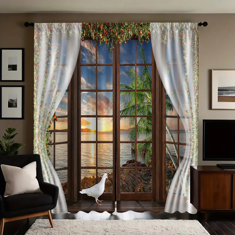 3D Printed Curtains Polyester Blackout Window Drapes Landscape Forest Waterfall Sunset Sea Scenic Retro Rod Pocket Decor