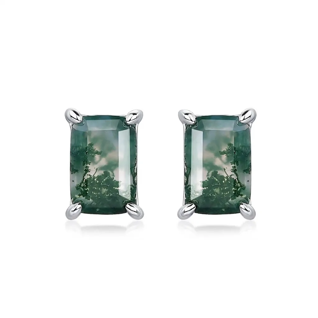 925 Sterling Silver Natural Moss Agate Stud Earrings Geometric Rectangular Emerald Cut Green Gemstone Jewelry For Women