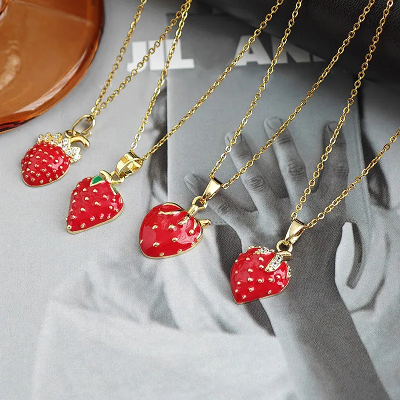 Collier Pendentif Fraise Rose Fleur Coeur Coquillage Vintage Français Chaîne Acier Inoxydable Émail Zircon Bijoux Femmes