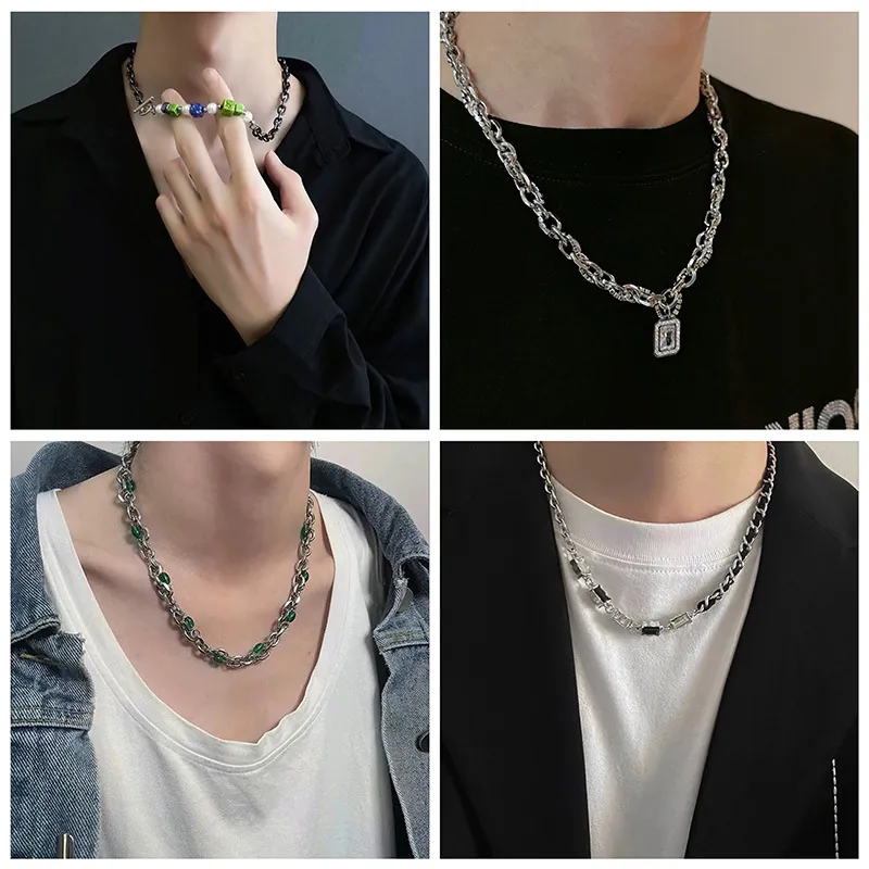 Hip Hop Necklace Titanium Steel Alloy Faux Artificial Pearl Glass Zircon Pendant Clavicle Chain Industrial Style Unisex Fashion Jewelry