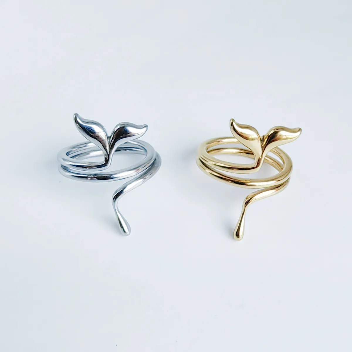 Whale Tail Open Ring Stainless Steel Wrap Spiral Fish Tail Minimalist Retro Ocean Style Polished Adjustable Jewelry For Women