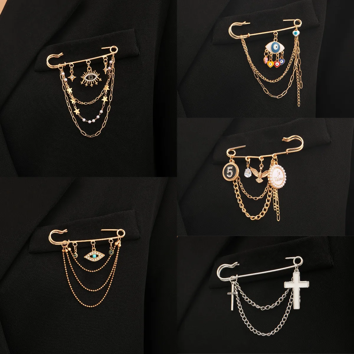 Vintage Legierung Brosche Für Damen Herren Gold Silber Plattiert Quaschenkette Böser Blick Kreuz Vogel Motiv Strass Kunstparel Anstecknadel