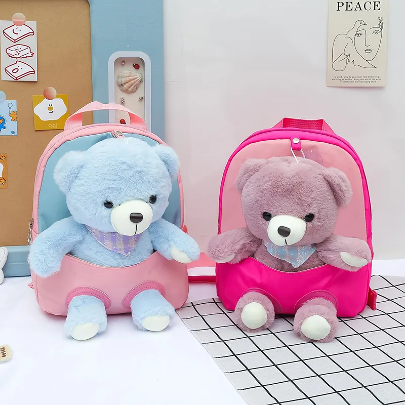 Kids Cartoon Backpack With Detachable Plush Teddy Bear Toy Waterproof Nylon Lightweight School Bag For Toddler Girls Boys