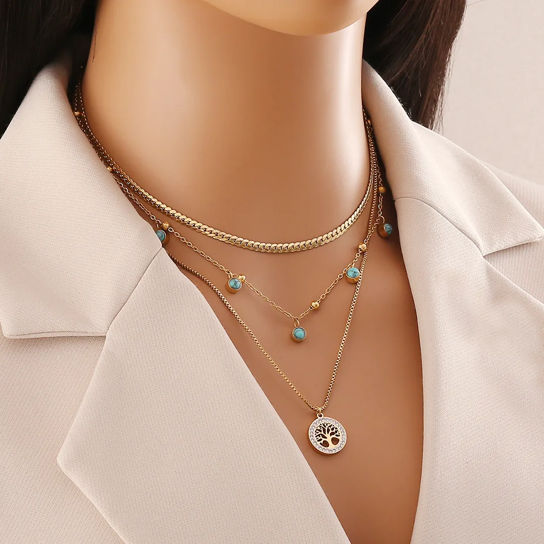 Collana A Più Strati Albero Della Vita Acciaio Inossidabile Placcato Oro Turchese Cristallo Pendente Gioielli Per Donne