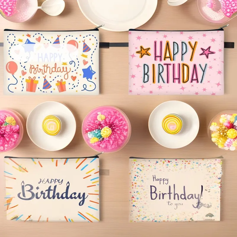 Happy Birthday Print Cosmetic Bag Polyester Large Makeup Pouch For Women Travel Daily Storage Zipper Bag Floral Pattern