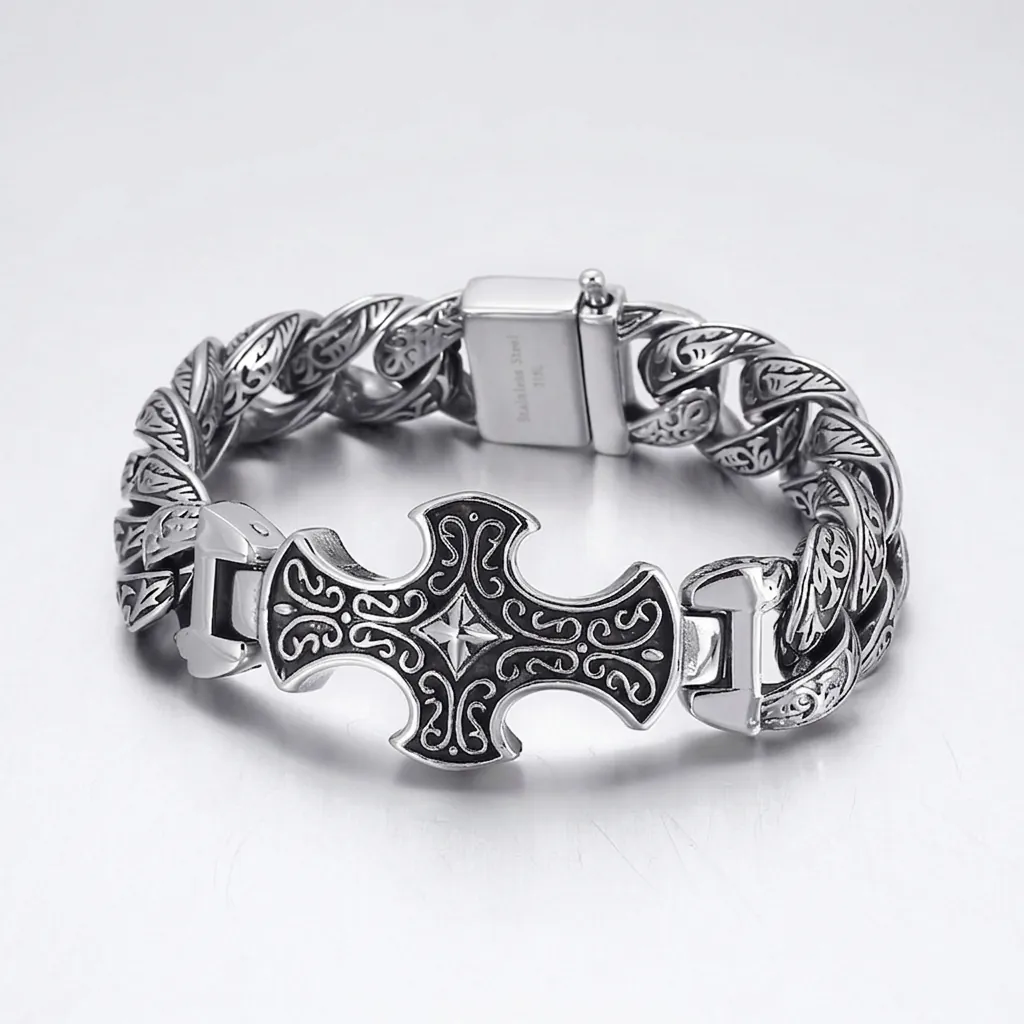 Men Vintage Gothic Cross Bracelet 316L Stainless Steel Retro Floral Carved Heavy Punk Biker Chain Jewelry