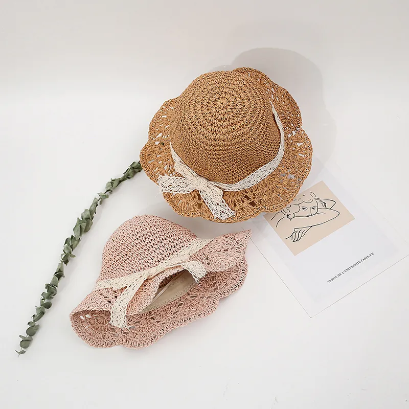 Girls Woven Straw Hat With Lace Bow Sun Protection Summer Breathable Wavy Brim Beach Vacation Sweet Style