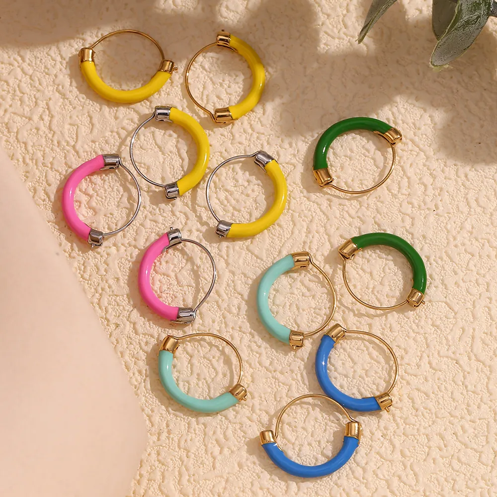 Geometric Hoop Earrings 18K Gold Plated Stainless Steel Colorful Enamel Drip Oil Fashion Trendy Niche For Women