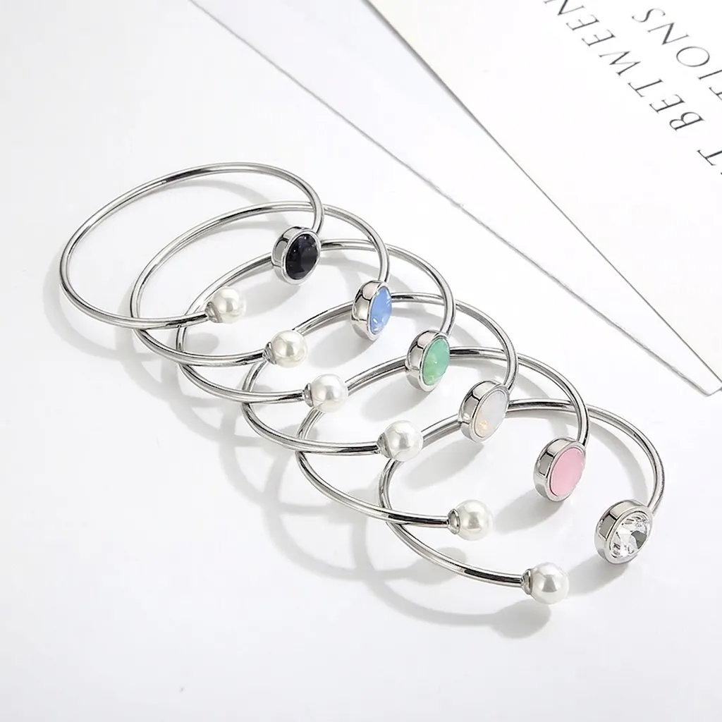 Bracelet Jonc Ouvert En Acier Inoxydable Pour Femmes Avec Künstliche Perle De Nacre Et Cristal Coloré Bijoux De Mode